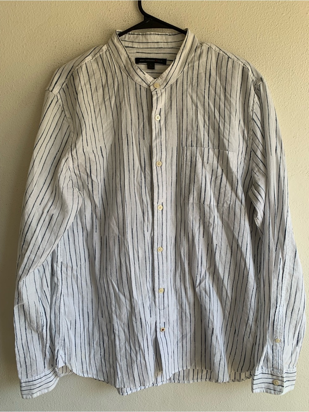 John Varvatos USA Blue White Stripes Grandad Collar LS Men’s Shirt Cotton Large